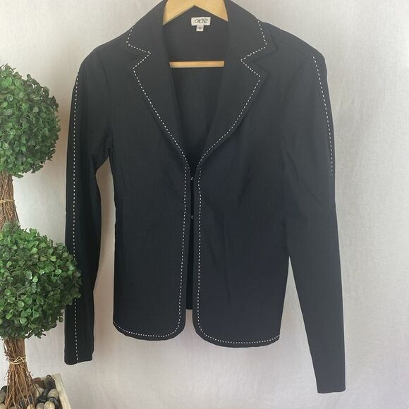 Cache Black Long Sleeve White Thread Accent Hook Close Blazer Jacket 6 - Picture 1 of 4
